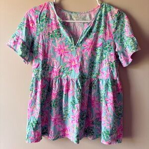 Lilly Pulitzer Women’s XS Jodee Top Pink Blue Floral Sea Turtles Peplum Tropical